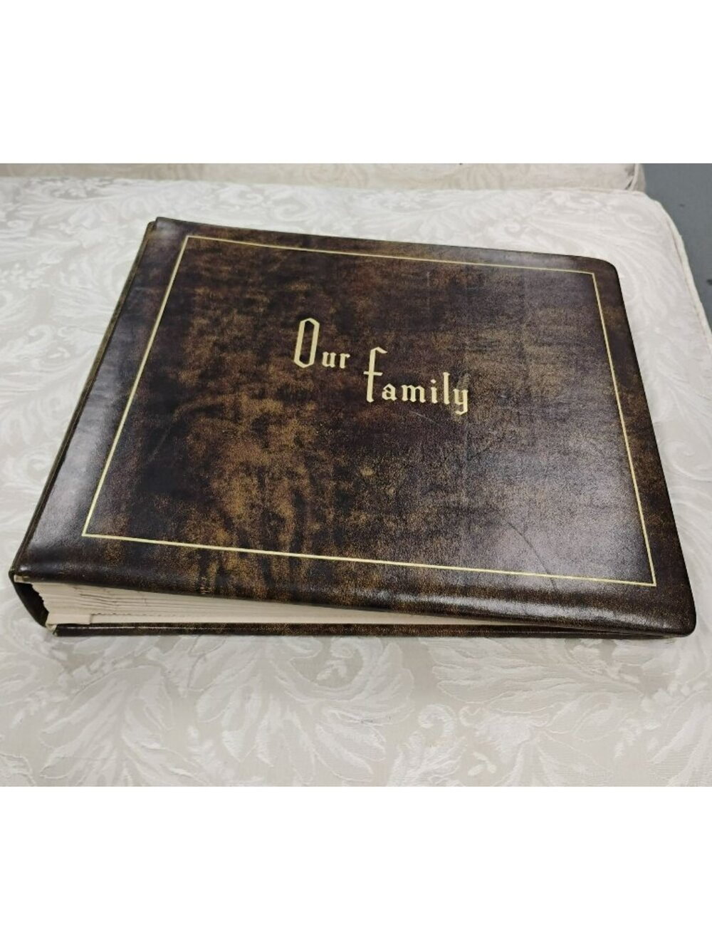 Vintage MCM Our Family Cowhide Leather Photo Album Brass Corners Gold Trim